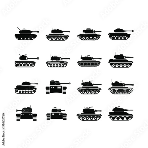 Collection of military tanks in silhouette.