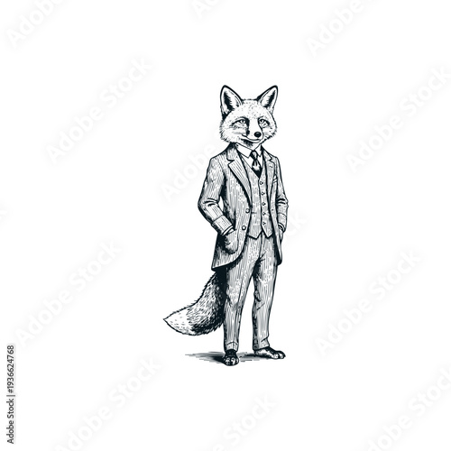 engraving illustration of an anthropomorphic fox wearing a formal suit and waistcoat isolated