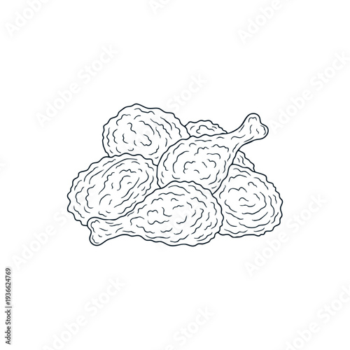 Minimalist flat line art illustration of crispy fried chicken pieces and drumsticks isolated on white background.