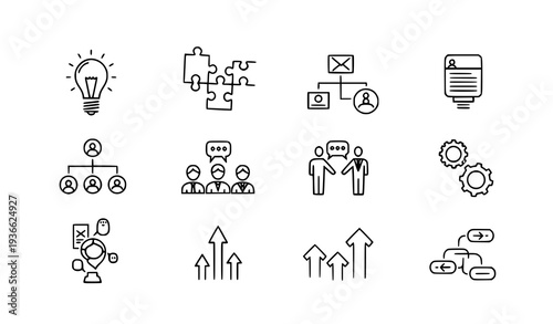 Creative thinking and problem solving outline icon set for strategy and innovation