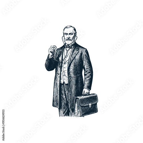 Vintage hand drawn engraving illustration of an old professional doctor holding a stethoscope and a medical bag isolated on white background.
