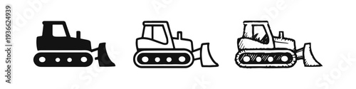 Bulldozer icon set in three styles: solid, outline, and hand-drawn. Earthmoving construction vehicle.