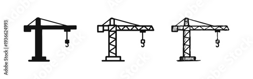 Construction crane icon set in three styles: solid, outline, and hand-drawn. Heavy lifting machinery symbol.