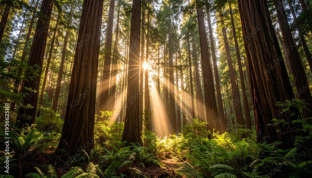 Obraz premium Sacred Sunbeams Illuminate a Majestic, Ancient Redwood Forest