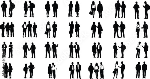 Silhouette pairs of people standing together, diverse interactions, teamwork, communication, business, casual posture, gesture, professional context, social connection