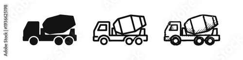 Cement mixer truck icon set: solid, outline, and hand-drawn styles. Concrete construction vehicle.