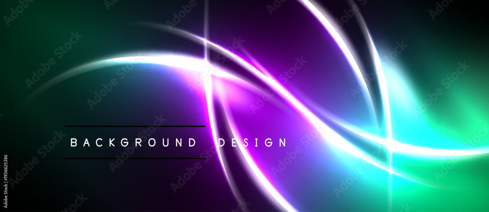Naklejka premium Abstract neon lines create dynamic flow. Vibrant colors blend, forming futuristic background design. Dark areas emphasize bright illumination.