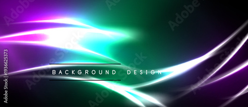 Abstract neon lights create vibrant energy. Dark background emphasizes glowing curves, gradients, modern design elements.