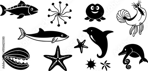 A collection of stylized, black and white illustrations of various marine animals and objects are presented against a stark white background. The subjects, including a dolphin leaping, a fish with spo
