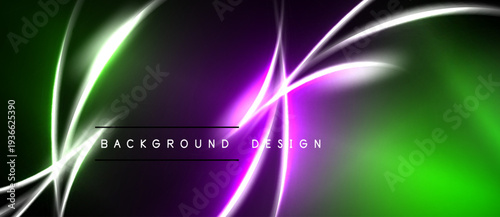 Abstract neon lines create vibrant background. Green, purple, white colors blend seamlessly. Modern design element for digital projects.