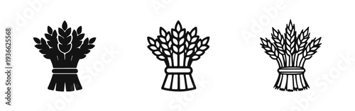 Wheat bundle icon set in three styles: solid, outline, and hand-drawn. Agriculture harvest symbol.