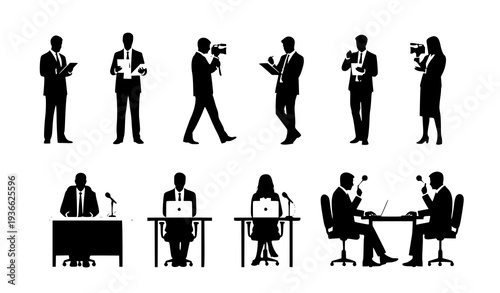 10 Journalist Silhouette Vector Set with Notepads, Cameras, Microphones, and Laptop Poses
