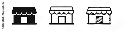 Shop Storefront Icons with Awning in Solid, Line Art, and Hand-Drawn Styles on White Background.