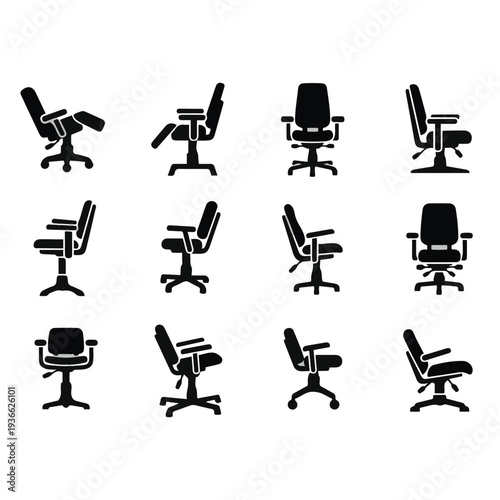 Collection of office chairs in various positions.