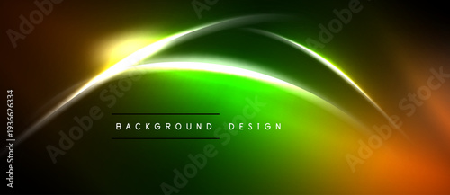 Abstract neon lines create vibrant green, orange glow. Dark background emphasizes smooth curves, dynamic design elements. Text reads background design.