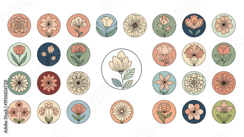 Collection of twenty eight circular botanical icons featuring different hand drawn flower and leaf designs in soft colors.