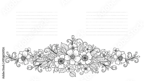 Elaborate hand drawn floral border with delicate flowers and scrolls featuring space for text for invitations and cards.