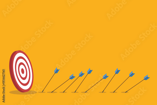 Business Strategy Target Concept with Arrows Missing Bullseye – Goal Achievement, Marketing Performance, Planning, Failure Analysis and Growth Flat Vector Illustration	