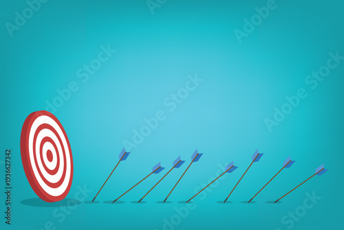 Business Strategy Target Concept with Arrows Missing Bullseye – Goal Achievement, Marketing Performance, Planning, Failure Analysis and Growth Flat Vector Illustration	
