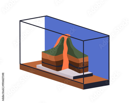 Geology model display, exhibit. Earth layers, volcano mountain, terrain structure in glass showcase box for geography and geological study. Flat vector illustration isolated on white background