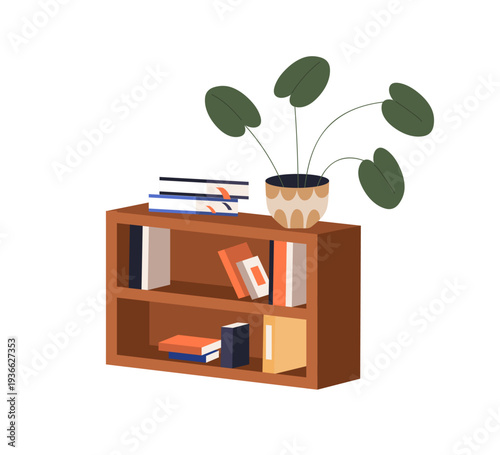 Bookshelf with books and potted plant. Open wooden shelf, low bookcase with literature storage, organization. Wood furniture, interior cabinet. Flat vector illustration isolated on white background