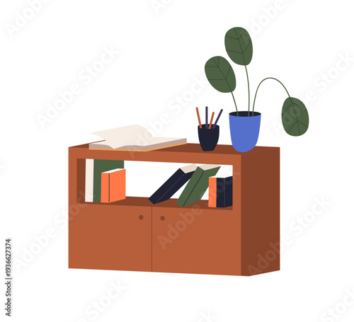 Book cabinet with open shelf and drawers. Wooden bookcase, plant, literature,...