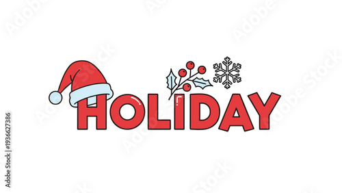 Christmas holiday text design featuring a red font accompanied by a Santa hat, holly berries, and a snowflake icon on white background.