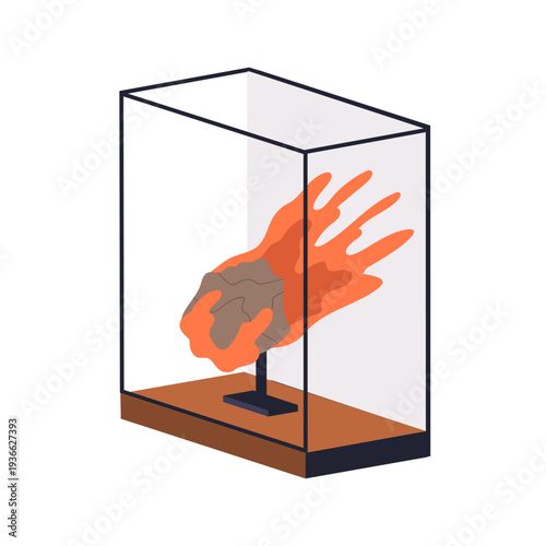 Meteorite exhibit display behind glass. Space rock, asteroid fragment, artifact in astronomy and cosmos museum. Modern art installation, fireball. Flat vector illustration isolated on white background
