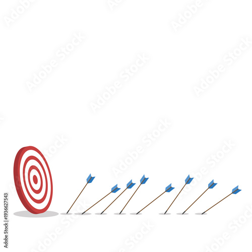 Business Strategy Target Concept with Arrows Missing Bullseye – Goal Achievement, Marketing Performance, Planning, Failure Analysis and Growth Flat Vector Illustration	