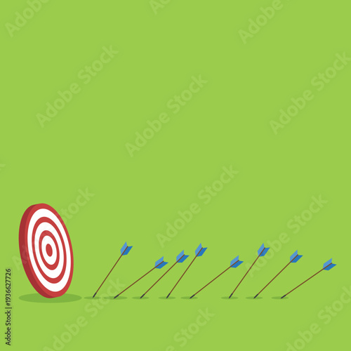 Business Strategy Target Concept with Arrows Missing Bullseye – Goal Achievement, Marketing Performance, Planning, Failure Analysis and Growth Flat Vector Illustration	