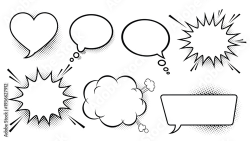 Set of diverse comic book speech bubbles and thought clouds with halftone shadow effects and bold black outlines on white background.