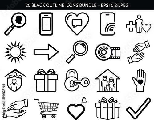 A collection of diverse black and white line icons representing various concepts and objects high quality