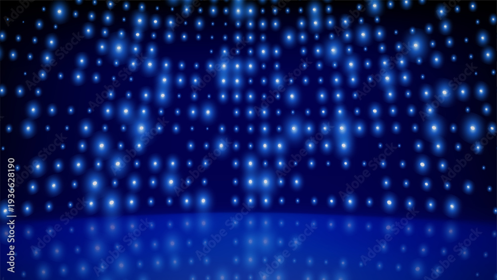 Obraz premium Flashing background led wall lights on stage. Blue cyan glowing dots abstract background. Tech inspired abstract backdrop. Bright flicker stage lights. Futuristic blue dot pattern. Vector illustration