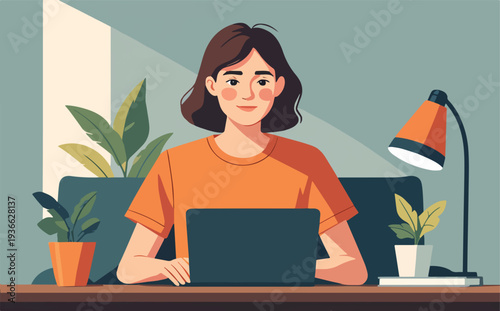 donna al computer che usa un laptop in ufficio casa al bar vettoriale, portatile