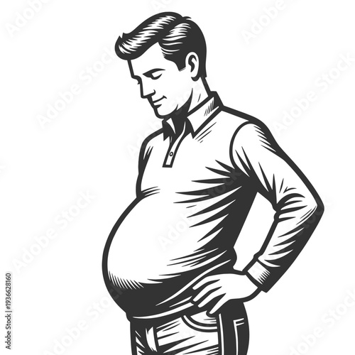 overweight adult man in side view, highlighting large belly and obesity health concept sketch engraving generative ai fictional character vector illustration. Scratch board imitation. Black and white.
