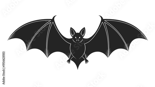 Black silhouette of a flying bat with spread wings and detailed fur texture isolated on a white background for Halloween decoration.
