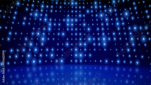 Flashing background led wall lights on stage. Blue cyan glowing dots abstract background. Tech inspired abstract backdrop. Bright flicker stage lights. Futuristic blue dot pattern. Vector illustration