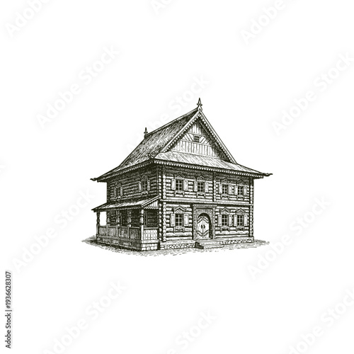 Vintage engraving style illustration of a traditional two-story wooden house or izba with intricate carved details and classic rustic architecture.