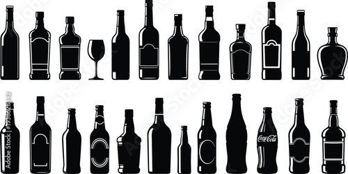 Silhouettes of diverse beverage bottles and wine glass, vector illustration, packaging design artwork, branding element, drink container theme, product concept