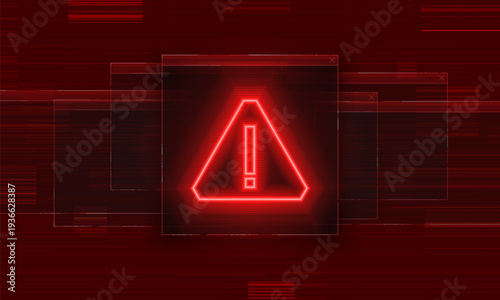 Danger sign. Digital security breach and data protection concept. Hacked system, cyber attack or system failure. Warning symbol on the screen. Vector illustration.