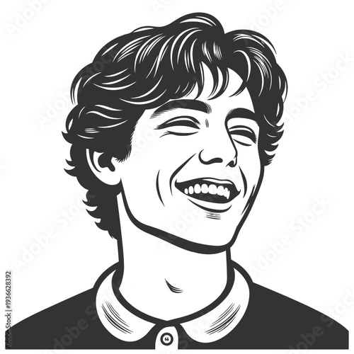 cheerful young man smiling with closed eyes, expressive face, clean line art portrait style sketch engraving generative ai fictional character vector illustration. Scratch board. Black and white image