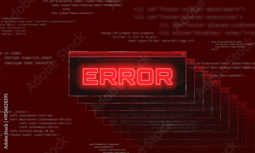 Error warning. Digital security breach and data protection concept. Hacked system, cyber attack or system failure. Danger alert on the screen. Vector illustration.