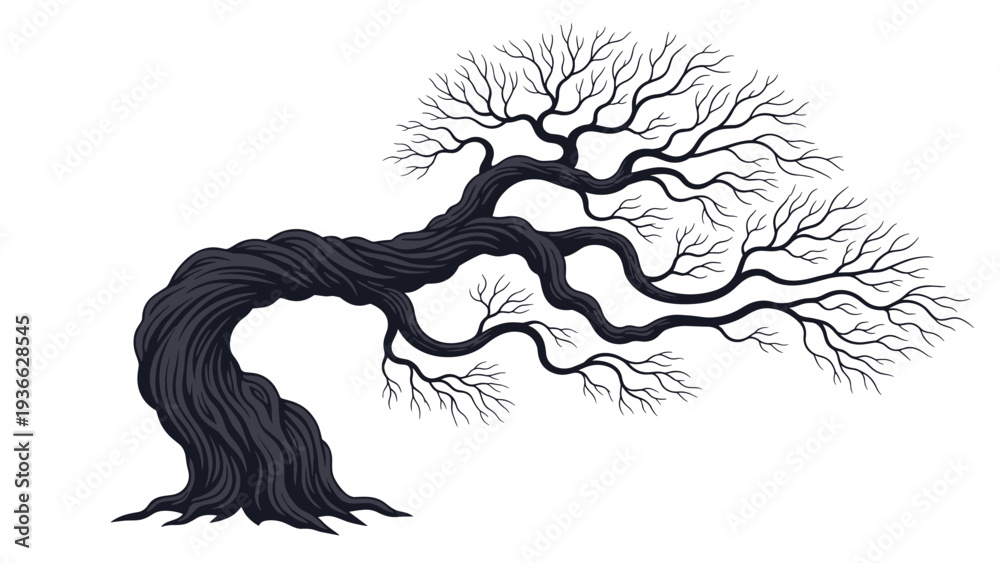Fototapeta premium Striking black silhouette of a twisted old bonsai tree without leaves, showing intricate branch patterns against a white background.