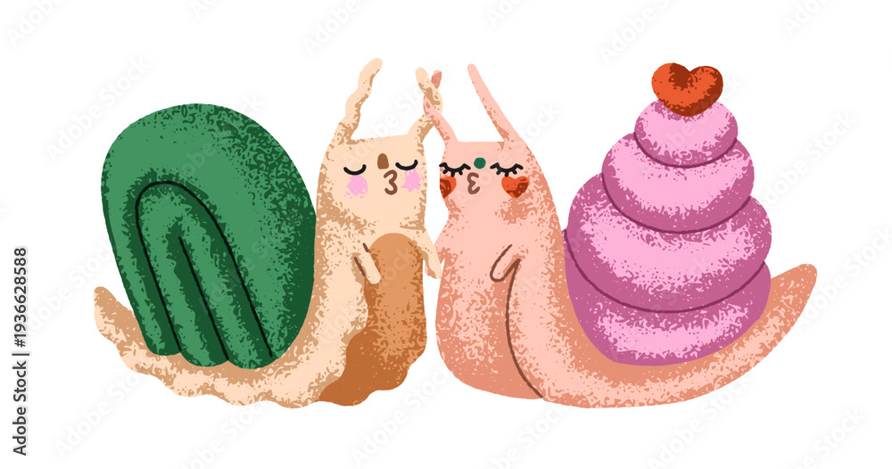 Fototapeta premium Cute funny snail couple in love. Romantic garden animals kiss. Adorable kawaii slugs, spring slimes, romance relationship. Whimsical valentines. Flat vector illustration isolated on white background