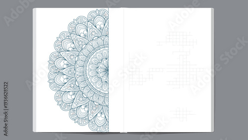Open book displaying a partial circular mandala design in blue line art on the left page with a grid pattern on the right page area.