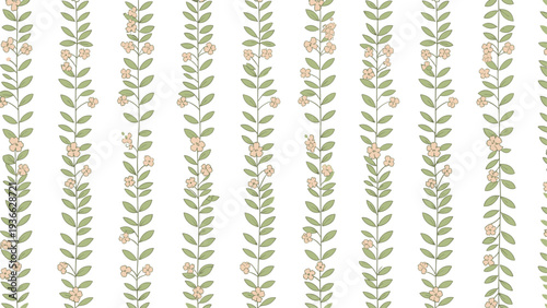 Elegant seamless pattern featuring vertical vines of green leaves and small peach flowers repeating on a clean white background.