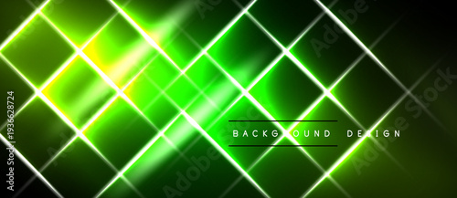 Bright green neon grid pattern over dark background. Geometric shapes create dynamic visual effect. Modern design element.