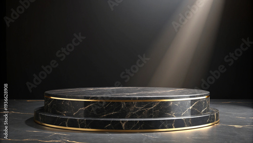 Elegant black marble podium with gold trim spotlight stage for success speech award ceremony minimalist design