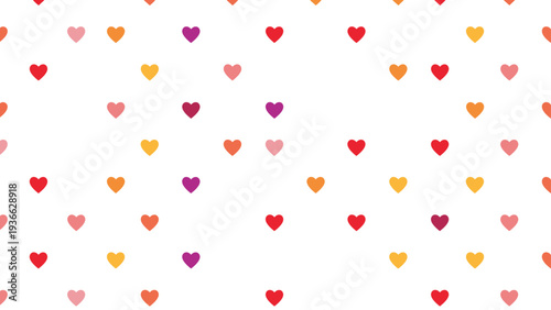 Simple and cute seamless pattern featuring numerous small hearts in pink, orange, yellow, and purple on a white background.