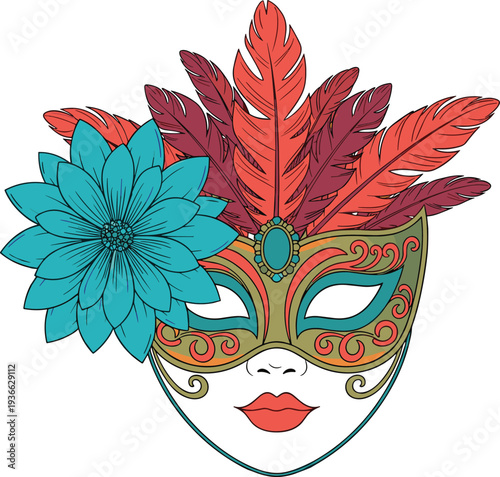 Venetian carnival mask with feathers and flower decoration colorful festival costume vector illustration